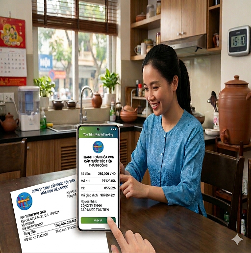Thanh toán tiền nước qua hình thức chuyển khoản qua Internet Banking hoặc qua ngân hàng.